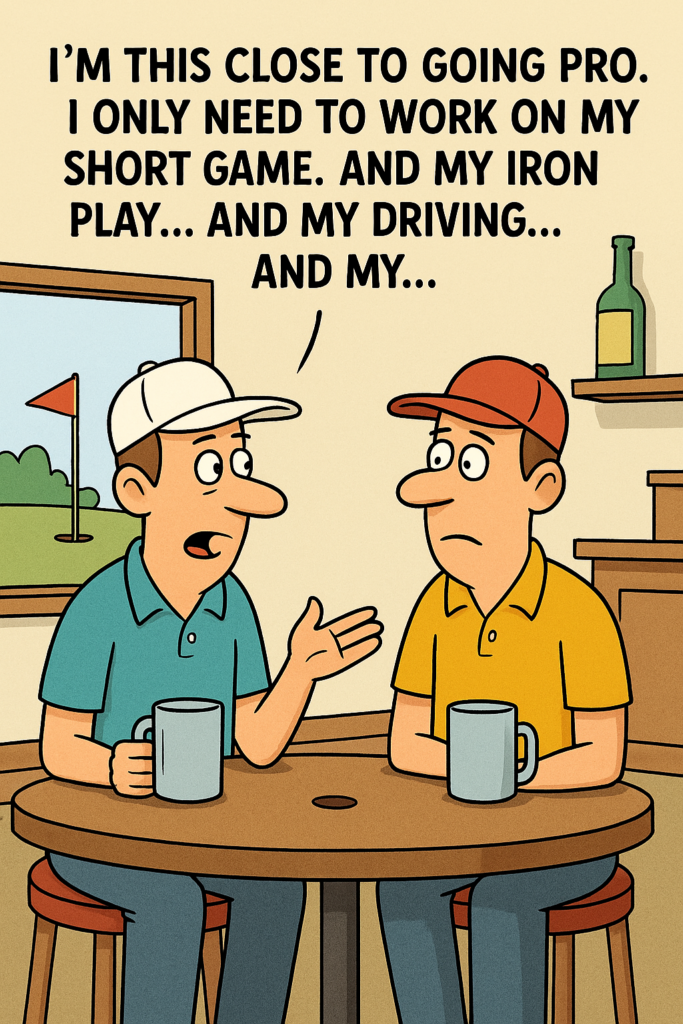 Golf humor cartoon of two golfers sitting at a table with coffee while one jokes that he is close to going pro but still needs to fix his short game, irons, and driving.