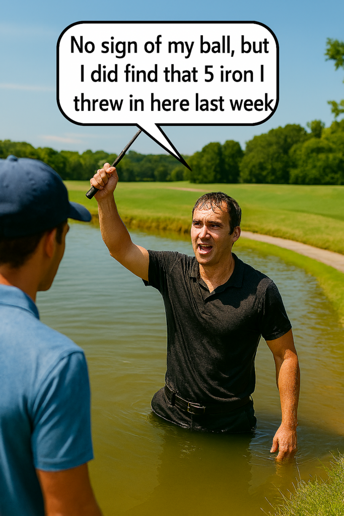 A wet golfer in the lake finds his long lost 5 iron he threw in there.