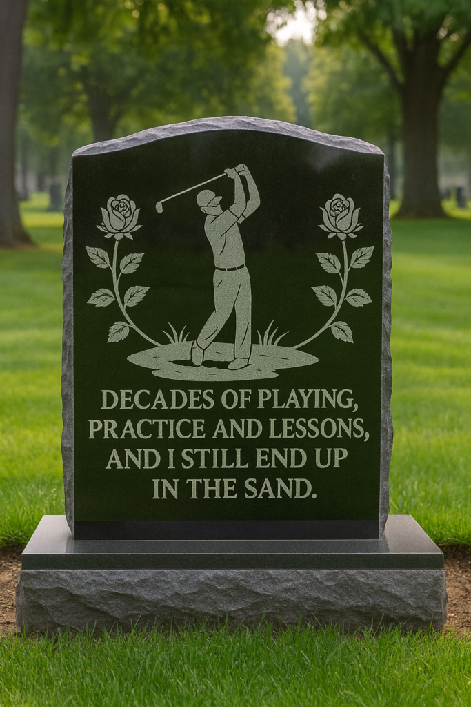 An image of a golf-related headstone about a man still ending up in the sand.