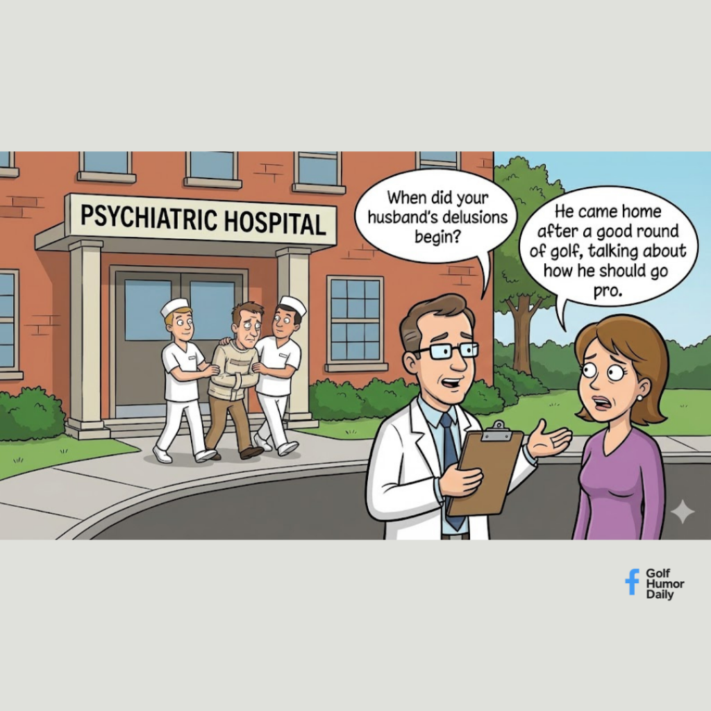 A cartoon about a man being admitted to a mental hospital after thinking he can become a pro golfer.