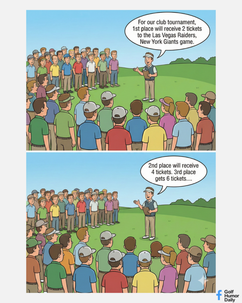 A cartoon where golfers in a tournament learn of a questionable  prize for the winner.