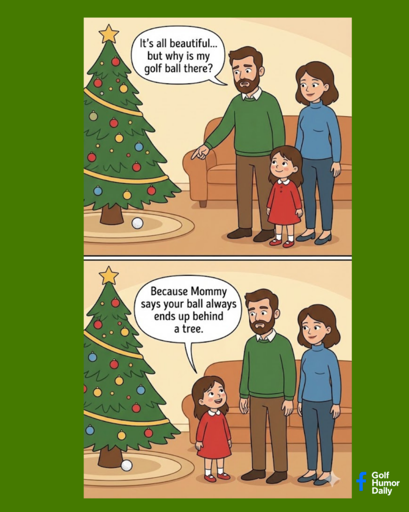 A 2 panel cartoon about a man who discovers his golf ball near the family Christmas tree.