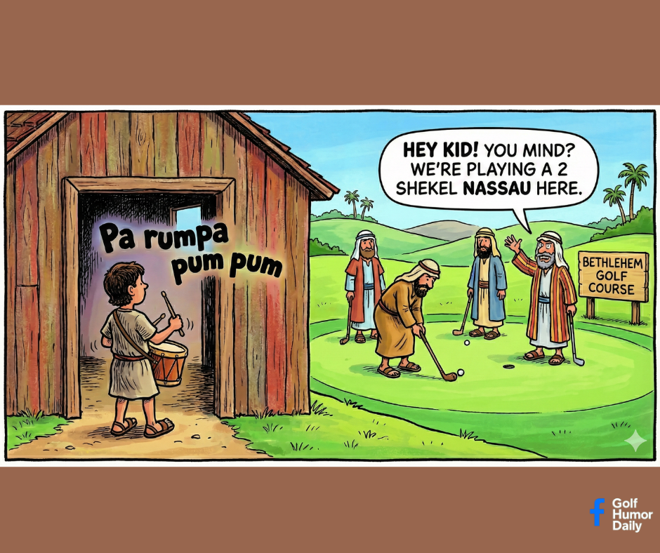 A golf cartoon about golfers upset with the Little Drummer Boy.