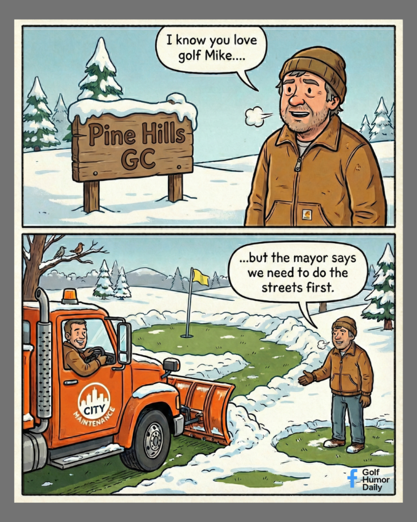 A man looks out at a snowy golf course, and sees his co-worker shoveling the fairway, instead of the streets.