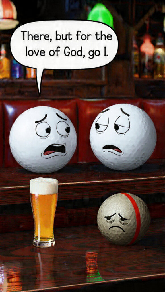 An image of 2 regular nice golf balls talking in a bar about the sorry range ball next to them.