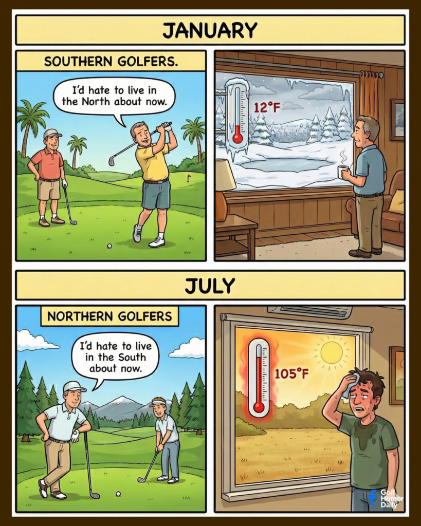 A 4 panel golf cartoon highlighting the benefits (and drawbacks) of golfers in the north during January and golfers in the south in July.