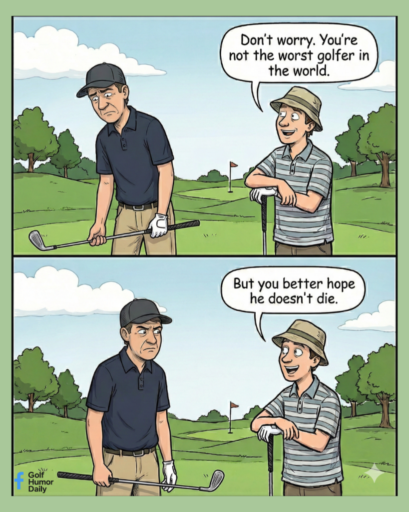 A golf cartoon with a frustrated golfer getting ribbed by his buddy.
