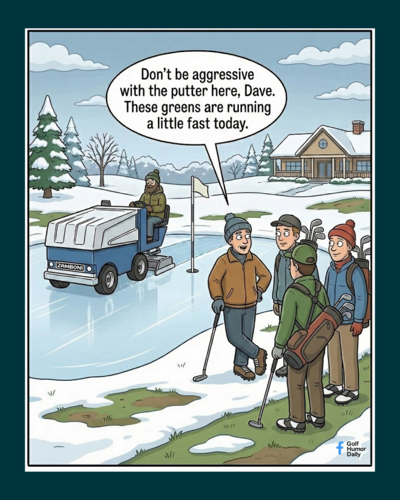 A golf cartoon with a foursome standing by a frozen green, as a Zamboni traverses across it.