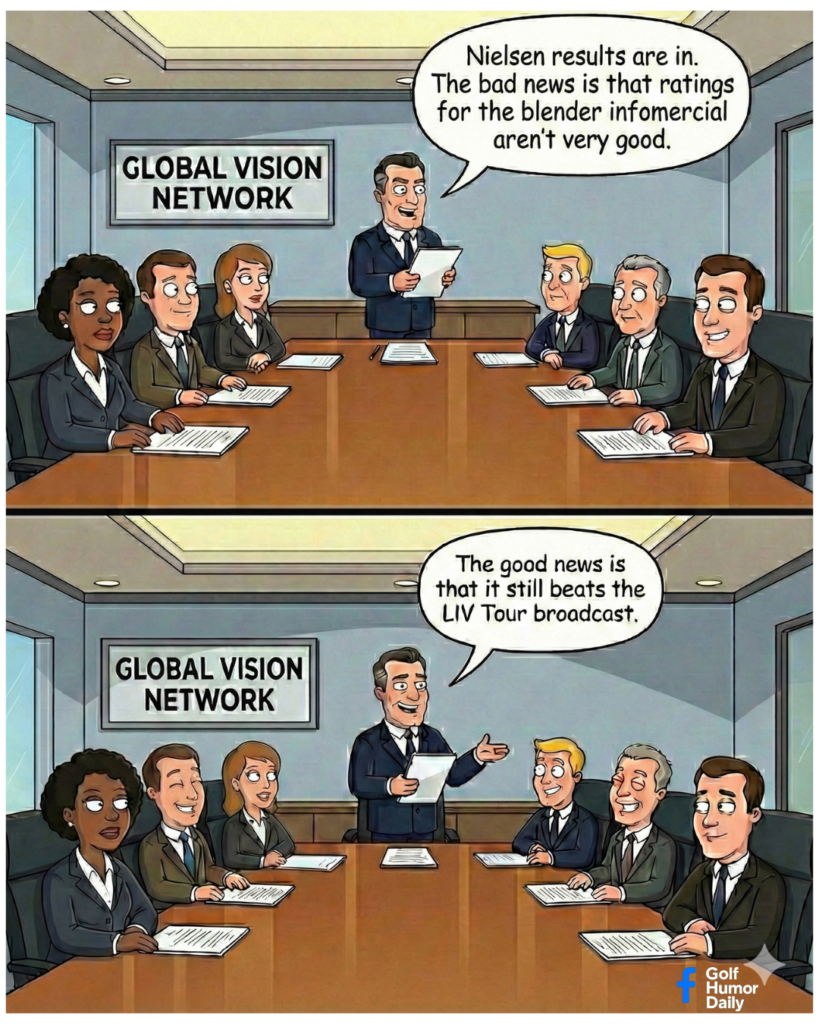 Two-panel golf humor cartoon where TV executives discuss low ratings, followed by a joke comparing a blender informercial to ratings to a LIV Tour broadcast.