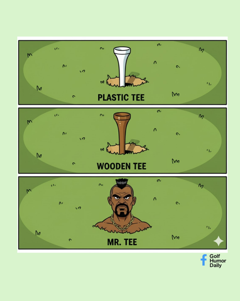 A 3 panel golf cartoon about the different types of tees - including Mr. T.