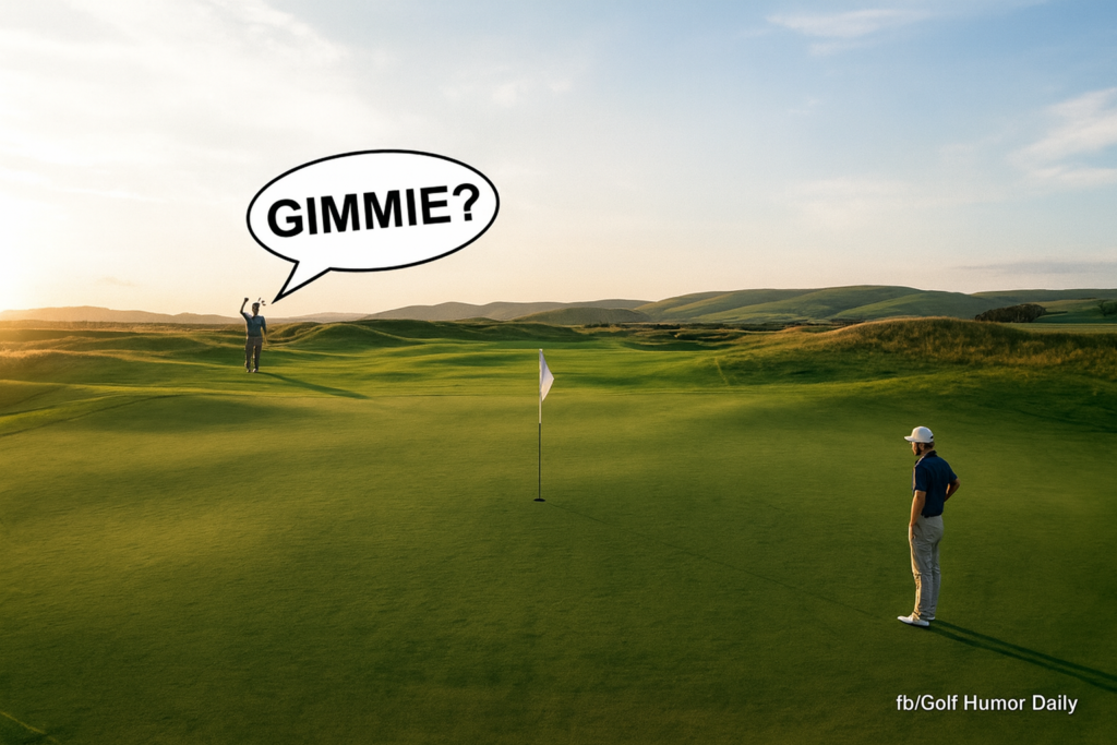 An image of a golfer testing the boundaries of what constitutes a "gimmie" on the green.