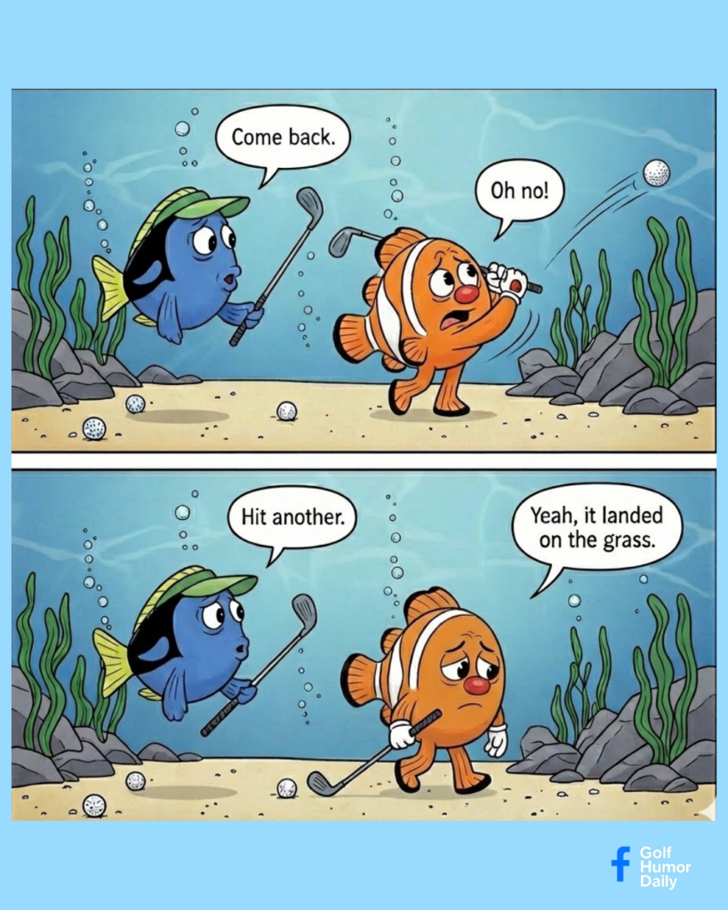A golf cartoon about 2 fish who hit an errant shot on land.