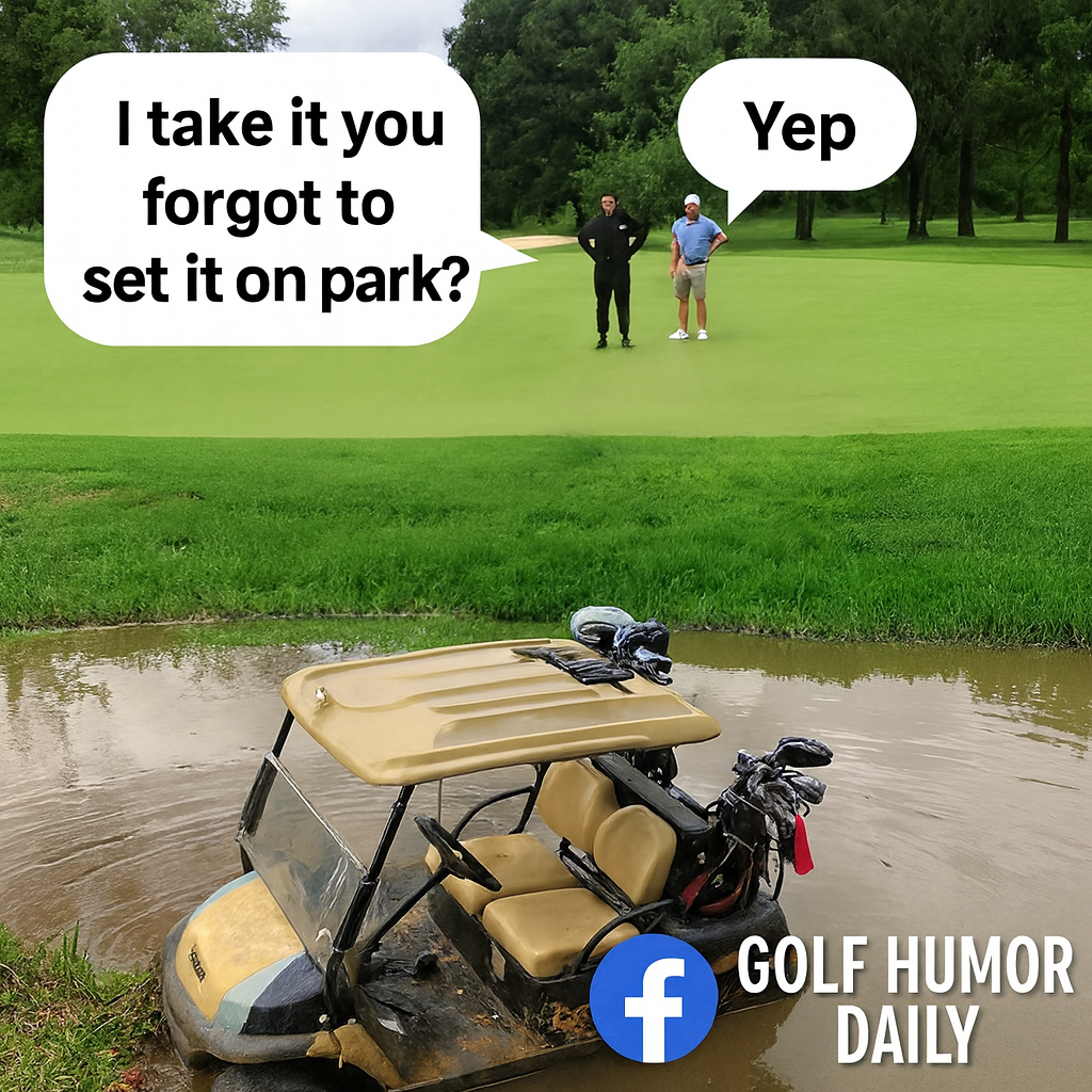 An image of 2 golfers who accidently let their golf cart go into the water.