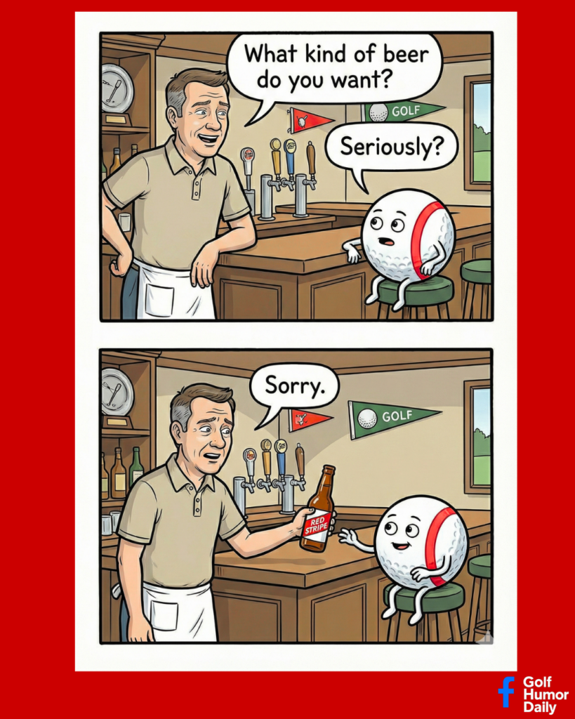 A cartoon about a range ball at the bar, asking for a Red Stripe beer.