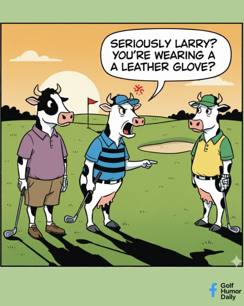 A cartoon with three golfing cows discussing one's use of a leather golf glove.