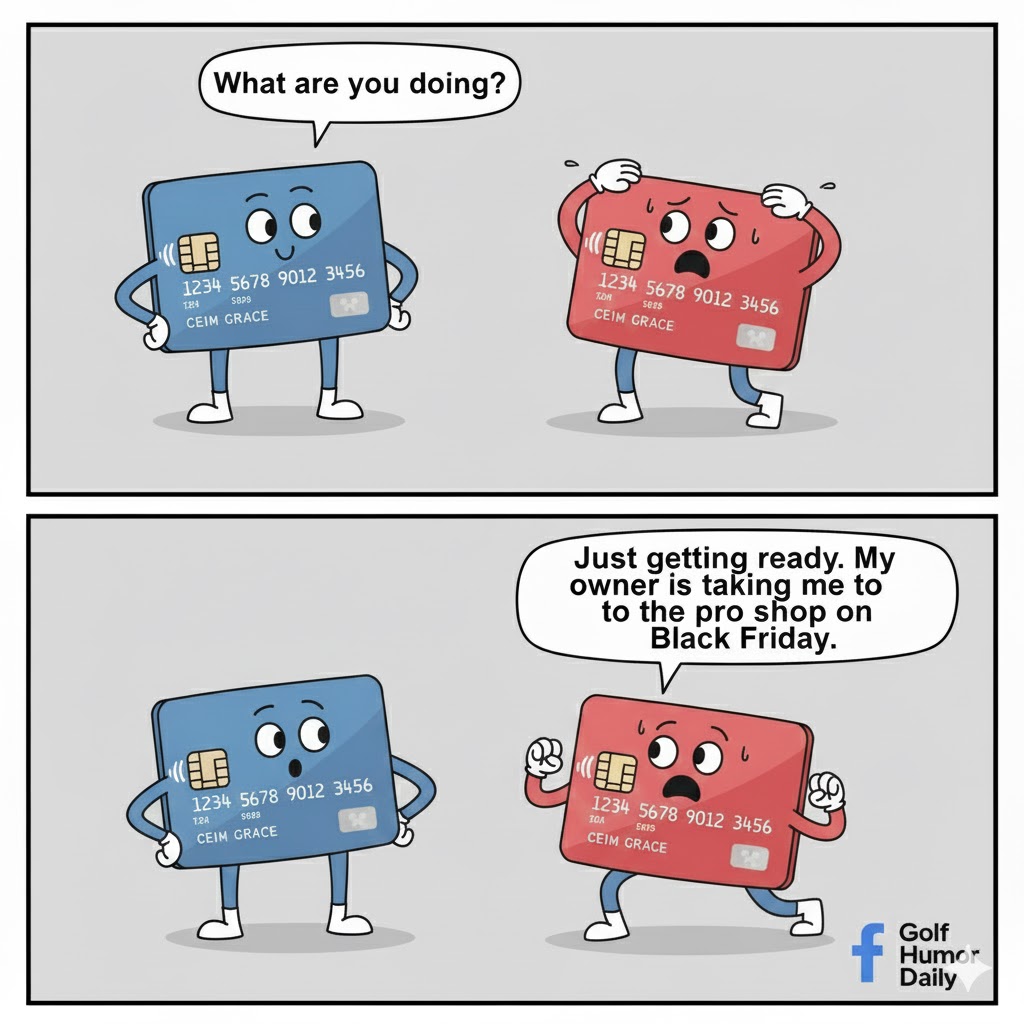 2 credit cards talking to each other, as one stretches. One card sees him stretching and asks, "What are you doing?" The other replies, "Just getting ready. My owner is taking me to the pro shop on Black Friday."