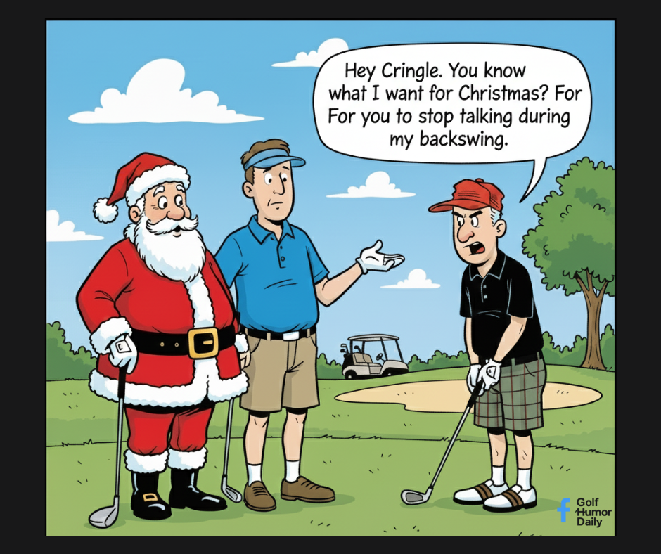 A single panel golf cartoon about a golfer upset Santa is talking during his swing.