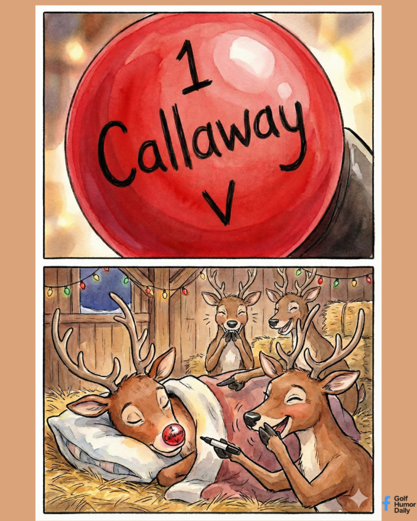 A 2 panel cartoon that shows reindeer playing a golf joke on Rudolph.