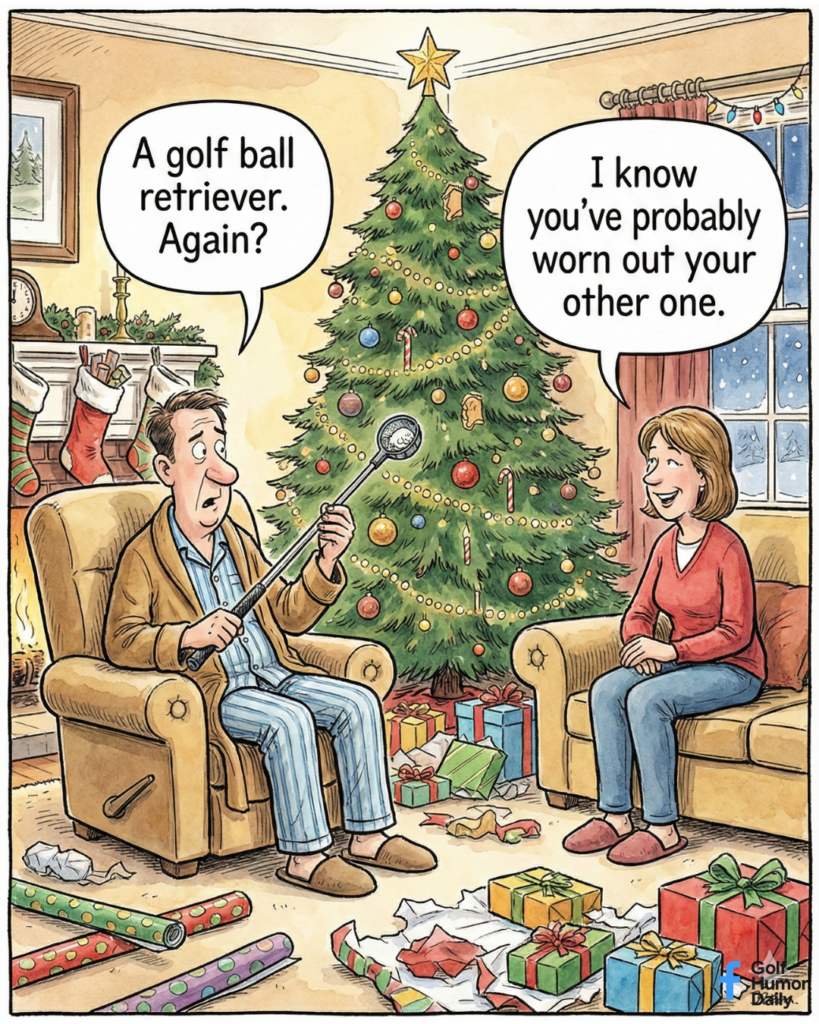A cartoon about a man opening his Christmas present, only to find yet another golf ball retriever.