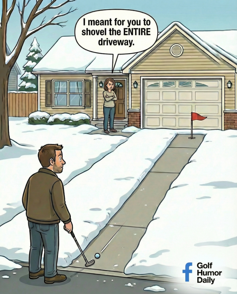 A golfer in winter has to shovel his driveway, but only makes it instead into a makeshift putting green.