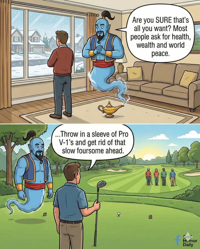 Two-panel comic. In the top panel, a blue genie floats above a lamp in a living room, talking to a man looking out a window at a snowy neighborhood. The genie asks, "Are you SURE that’s all you want? Most people ask for health, wealth and world peace."

In the bottom panel, the scene shifts to a sunny golf course. The man, now in golf attire and holding a club, looks at a group of four golfers in the distance and replies to the genie, "...Throw in a sleeve of Pro V-1’s and get rid of that slow foursome ahead."
