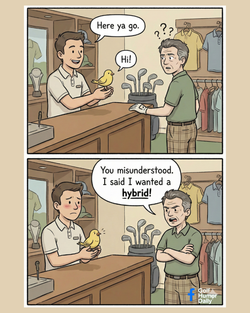 Two-panel golf comic set in a pro shop. A golf shop employee hands a customer a small yellow bird after the golfer asks for a hybrid club, leading to a humorous misunderstanding.