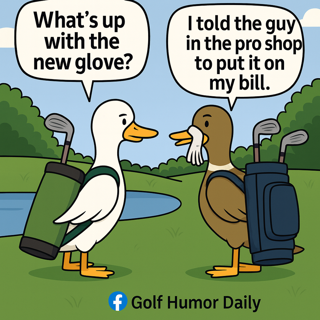 Golf humor cartoon showing two ducks wearing golf bags on a course. One duck has a golf glove on its bill and jokes that the pro shop added it to its bill.