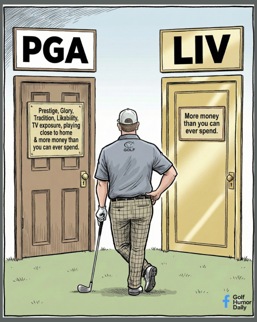 Golf cartoon showing a golfer standing between two doors labeled PGA and LIV, humorously representing the choice between tradition and massive financial payouts in professional golf.