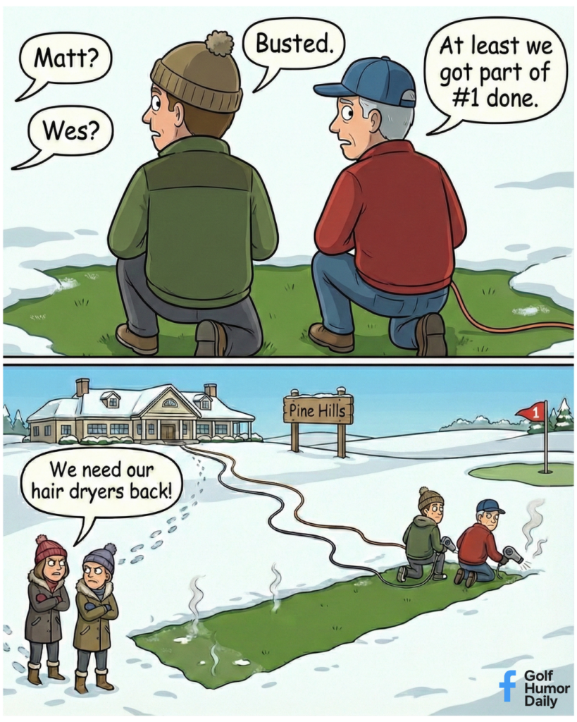 A two-panel comic from Golf Humor Daily. In the top panel, two men, Matt and Wes, are caught kneeling on a snowy golf green. In the bottom panel, it is revealed they are using hair dryers with long extension cords leading back to a clubhouse to melt the snow on the first hole, while their wives stand nearby looking angry and demanding their hair dryers back.
