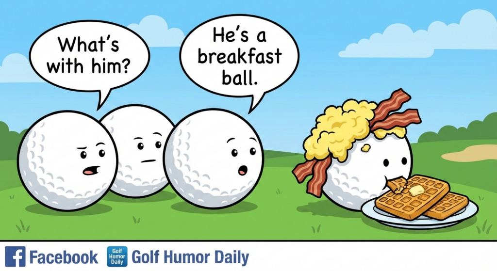 Golf balls joking about a breakfast ball on a golf course