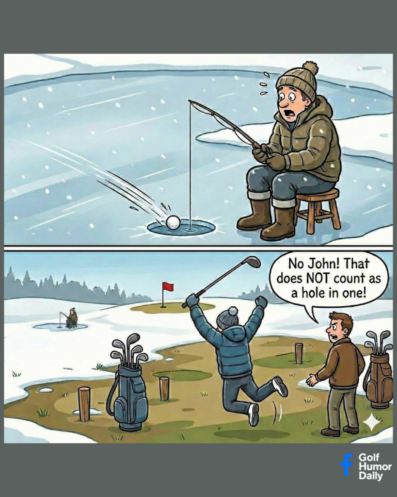 Golf cartoon that asks: Does it count as a hole-in-one if you ball lands in a hole on a pond with an guy fishing?