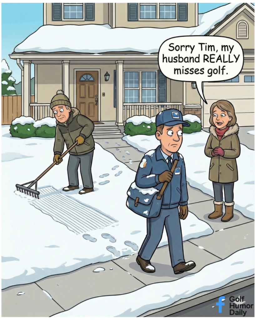 A golf cartoon about a husband raking the snow like he would a sand trap.