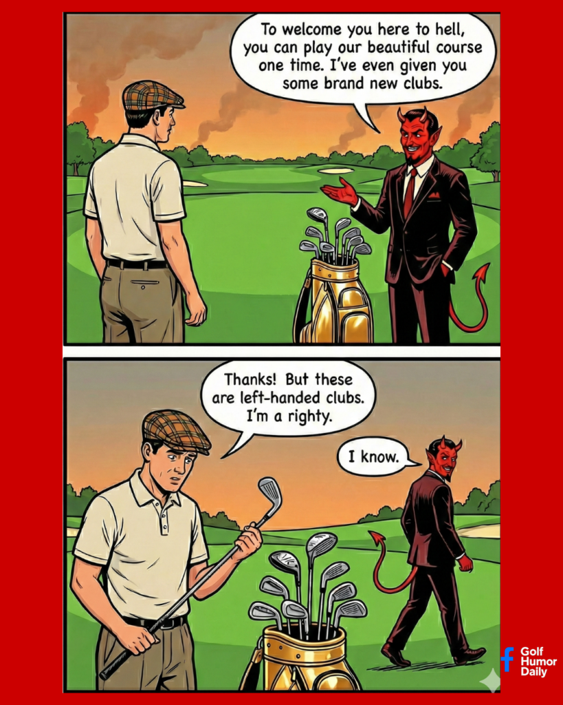 A 2 panel cartoon about a golfer in hell who gets a brand new set of wrong clubs.