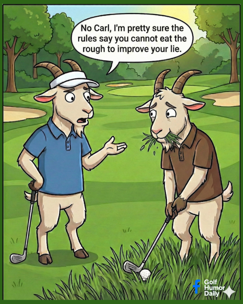A cartoon showing 2 goats playing golf and discussing the rules.