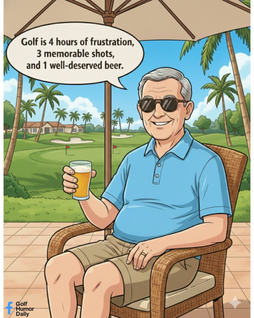 Cartoon of a golfer on a course patio enjoying a beer.