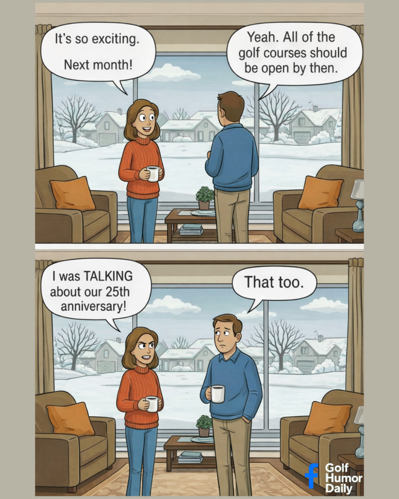 A 2 panel cartoon with a couple talking about exciting developments next month.