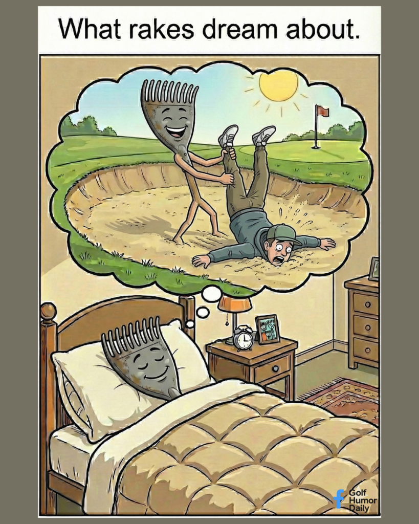 A cartoon showing what a typical golf course sand trap rake dreams about at night.