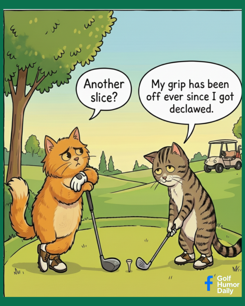 A cartoon image of two cats on a tee box at a golf course.