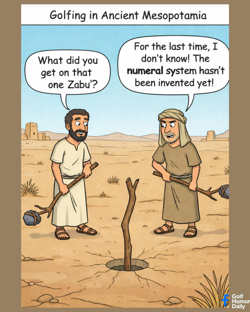 A single panel cartoon in which two golfers from ancient times discuss their scores.