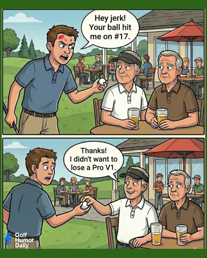 Two golfers on a patio react to a golfer who said he was hit by their Pro-V1 golf ball.