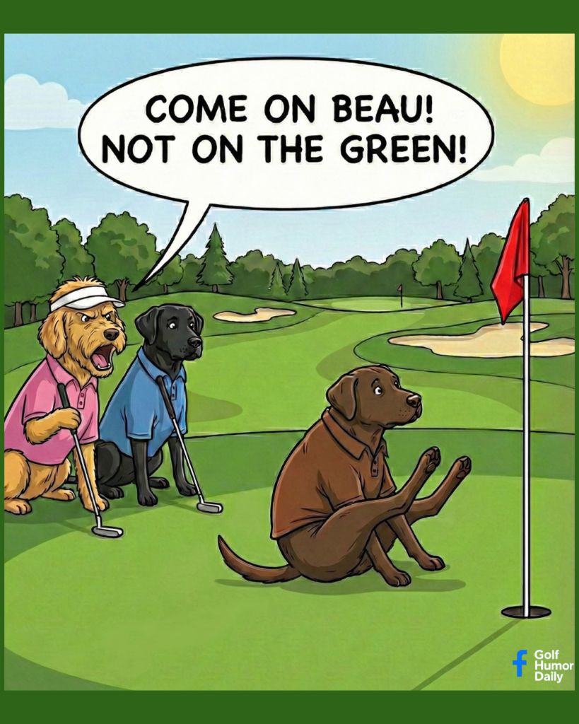 A one panel cartoon of a dog scooting on a golf course green.