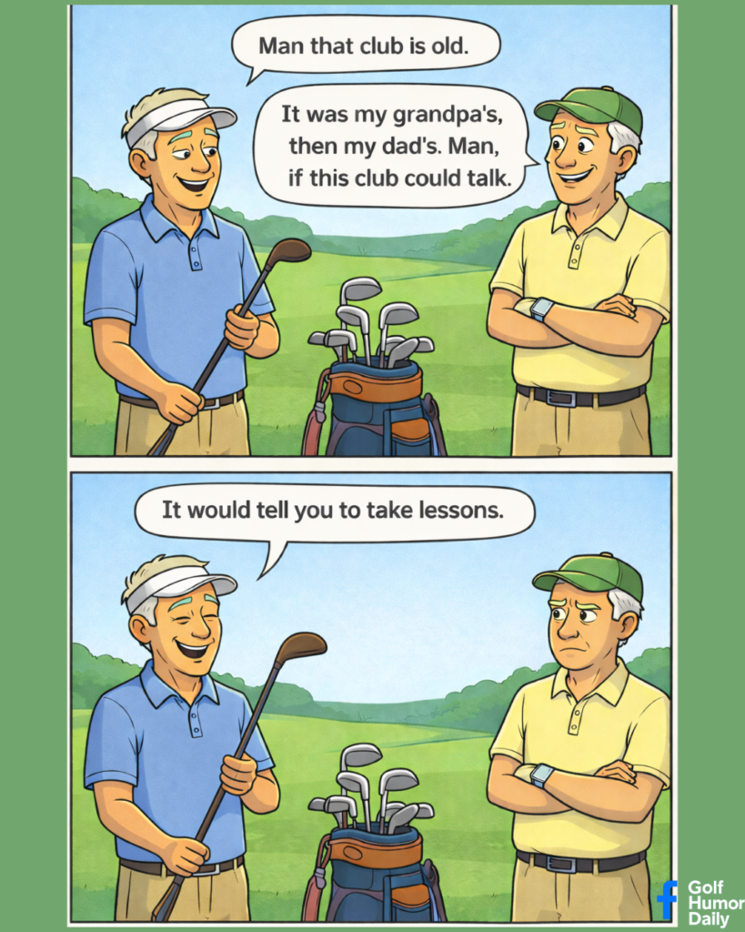 A 2 panel cartoon with golfers discussing a new club purchase.