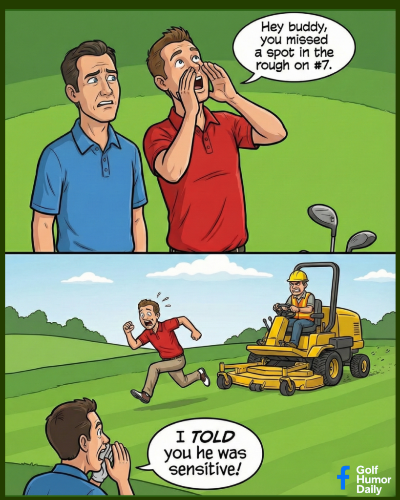 A 2 panel cartoon with one golfer insulting the lawnmower man.
